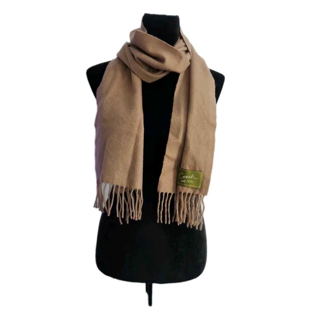 Coach Unisex Camel Cashmere Wool Scarf With Fringe 64" × 10" Euc